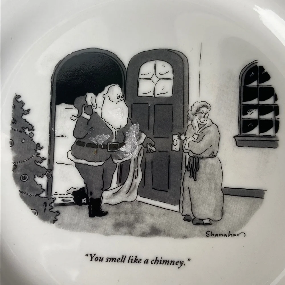 2001 Restoration Hardware New Yorker Santa Cartoon Plates Set (4)